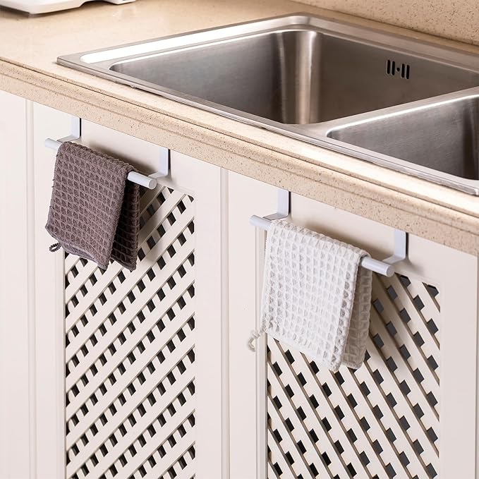Over Cabinet Towel Bar, Stainless Steel Dish Towel Holder for Cupboard Door, White, 2 Pack