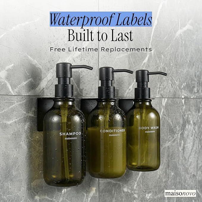 Shampoo and Conditioner Dispenser Wall Mounted Set of 3 Green - No Drill Shower Soap Dispenser for Bathroom Refillable - Spa Hotel Style Accessories by MaisoNovo