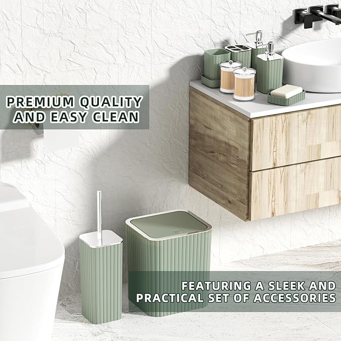 XLHOMO Bathroom Accessories Set - Gorgeous Sage Green Bathroom Set, 10PC Bathroom Accessory Set, Toilet Brush, Trash Can, Qtip Holder Dispenser & Soap Dispenser