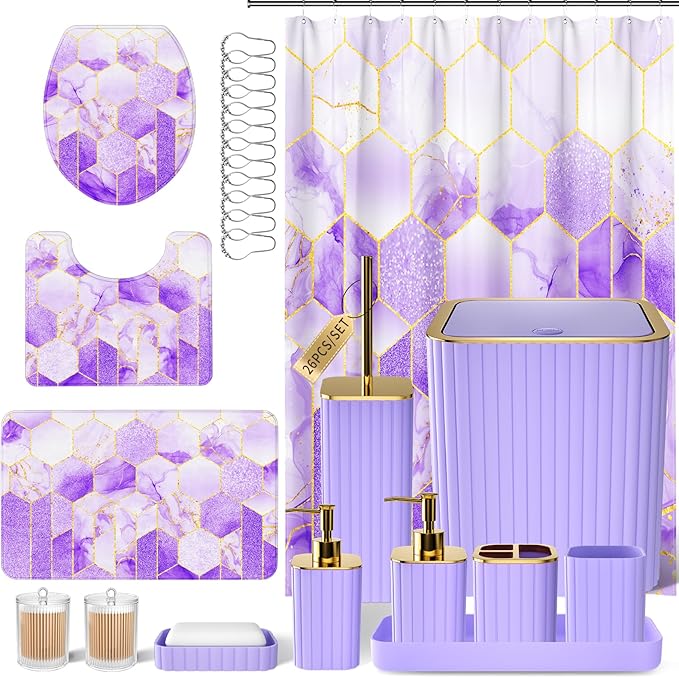 XLHOMO Bathroom Set - 26PC Bathroom Set with Shower Curtain and Rugs, Bathroom Accessory Set, Purple Bathroom Accessories Set, Trash Can & Soap Dispenser