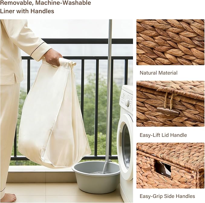 Hand-Woven Laundry Basket with Wheels, Natural Water Hyacinth Laundry Hamper with Lid, Removable & Machine-Washable Liner,Clothes Hamper for Bathroom and Laundry Room(65L,Espresso)