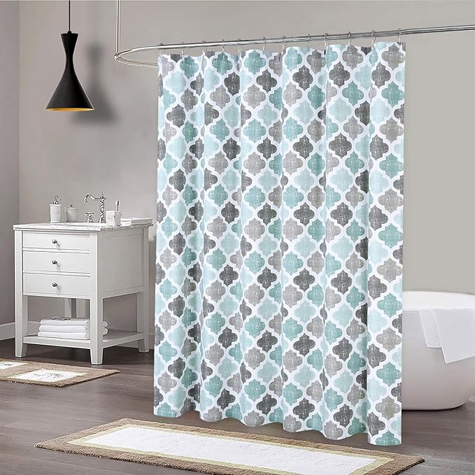 CAROMIO Fabric Shower Curtain 84 Inch Long, Geometric Quatrefoil Pattern Poly-Cotton Farmhouse Shower Curtain Extra Long, Aqua/Mint/Grey, 72x84 Inches