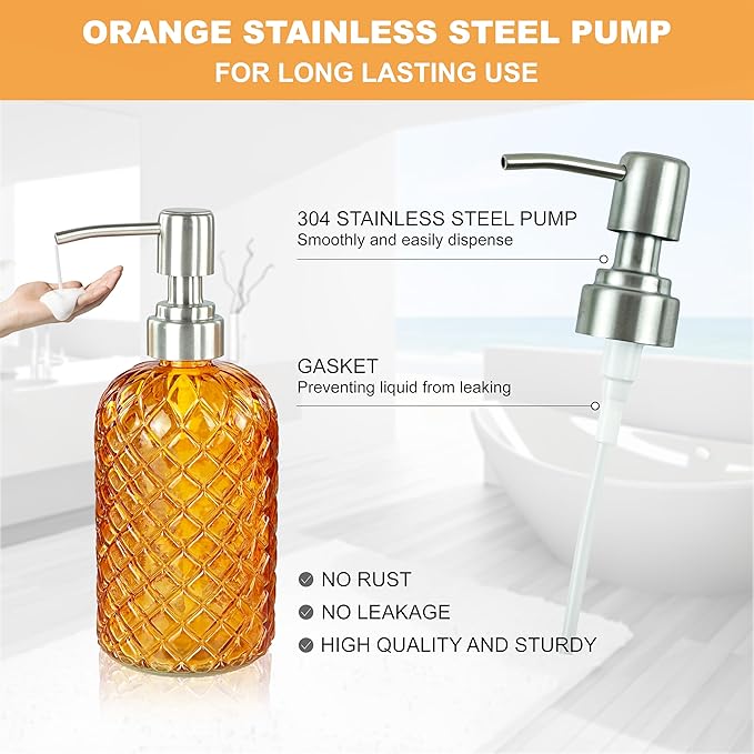 LaMarriti Orange Bathroom Accessories Set, 4Pcs Clear Glass Bathroom Accessory Set, Lotion Soap Dispenser, Toothbrush Holder Set, Soap Dish, Qtip Holder for Vintage Crystal Bath Decor, Burnt Orange