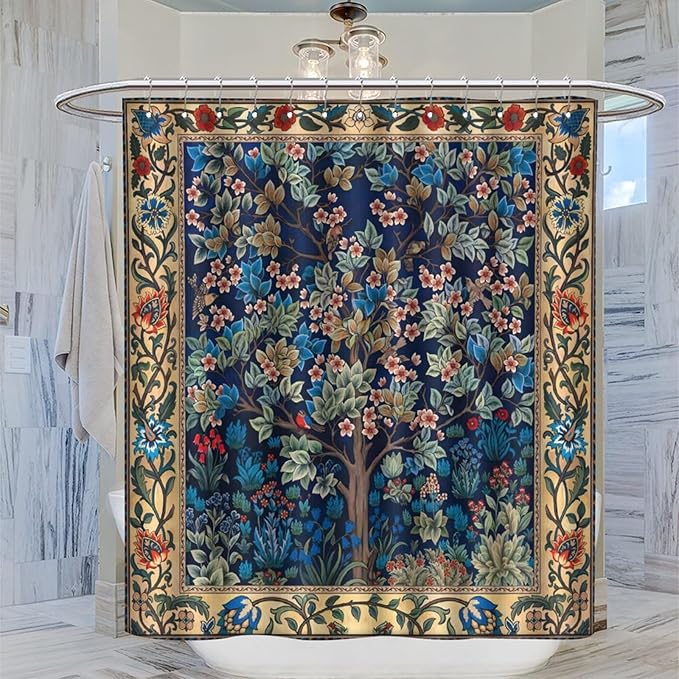 Boho Shower Curtains William Morris Art Retro Design Flower Trees Pattern Printed Shower Curtains 72""×84"" Inch, Style