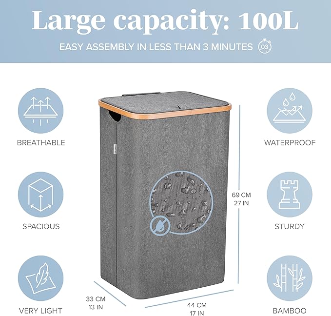 LONBET Laundry Basket with Lid, Made from Breathable Fabric | Aesthetic Clothes Hampers for Laundry with Side Handles & Sturdy Bamboo Frame (26 Gallons - Single, Gray)