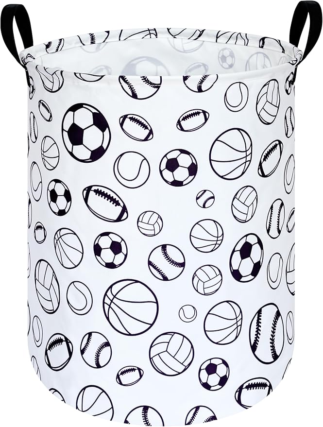KUNRO Round Laundry Gift Basket Storage Hamper, Clothes Storage Organizer Bins, Shelf Basket with Handles for Room Decor (Sports ball)