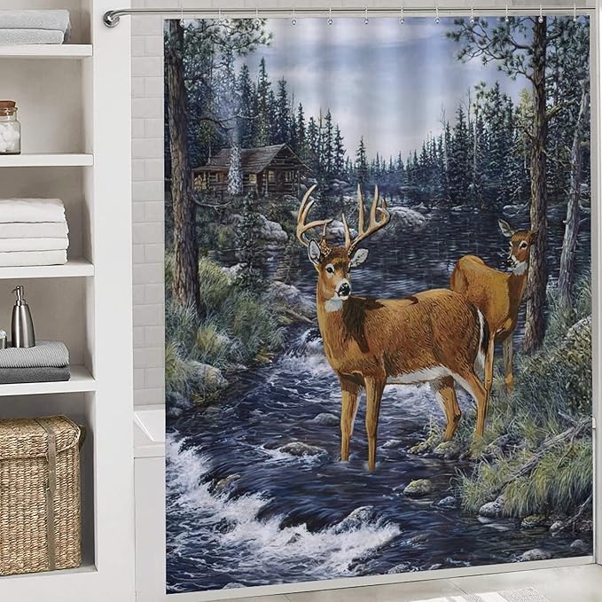 Oil Painting Cabin Wildlife 4 Piece Shower Curtain Sets, Non-Slip Rugs, Toilet Lid Cover and Bath Mat, Durable and Waterproof, for Bathroom Decor Set One Size