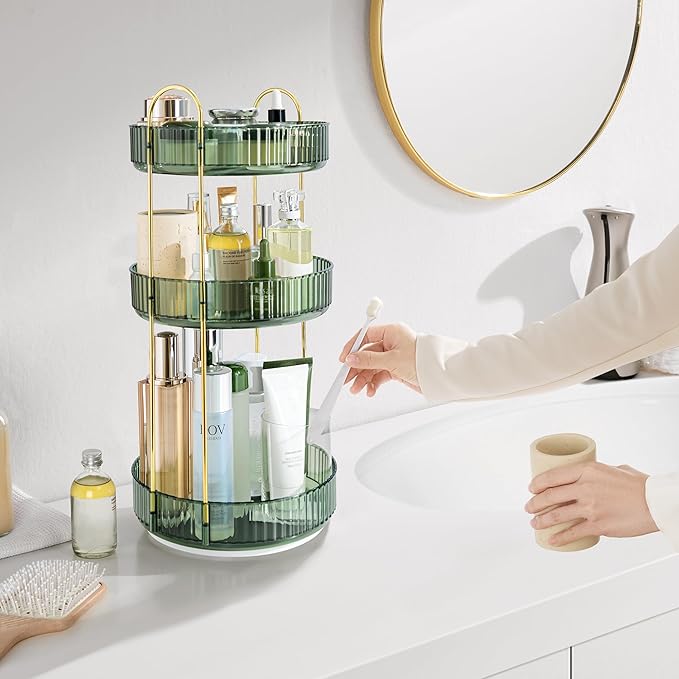 360-Degree Rotating Makeup Organizer, Cosmetic Storage Display Case for Bathroom Vanity Countertop, Skincare and Perfume Storage Organizers, Jewelry Dresser Organizer, 3-Tier, Green