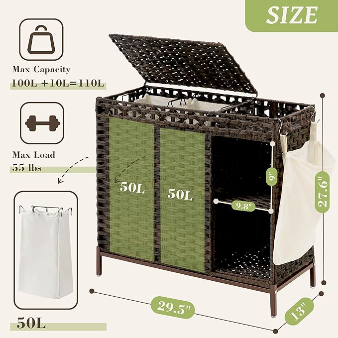 Gitelsnour Laundry Hamper with Lid, 110L (29.1 Gal) Rattan Laundry Hamper 2 Section with 50L (13.2 Gal) Storage Shelf, Wicker Woven Laundry Sorter Basket with 3 Liner Bags and Handles, Brown GLH002BR