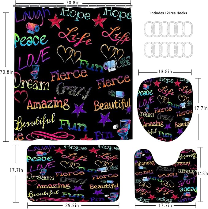 AZHM Inspirational Quotes Shower Curtain Set 4 PCS Motivational Bathroom Decor Set with Neon Typography, Bathroom Shower Curtain Accessory Set
