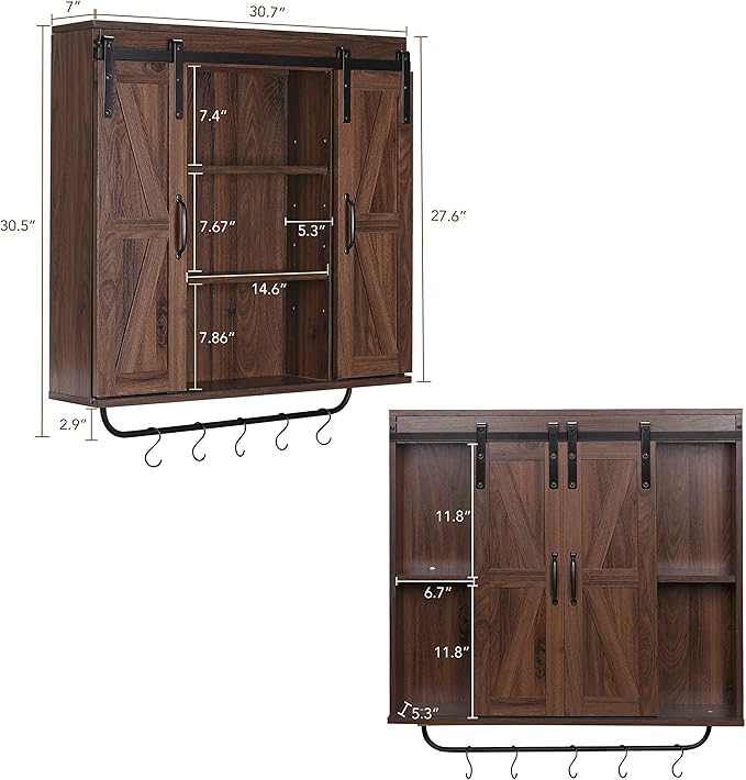 RUSTOWN Rustic Wood Wall Storage Cabinet with Two Sliding Barn Door, 3-Tier Decorative Farmhouse Vintage Cabinet for Kitchen Dining, Bathroom, Living Room, Dark Walnut