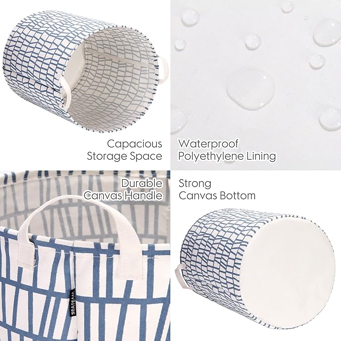 Sea Team 19.7 Inches Large Sized Waterproof Coating Ramie Cotton Fabric Folding Laundry Hamper Bucket Cylindric Burlap Canvas Storage Basket with Stylish Branch Blue Design