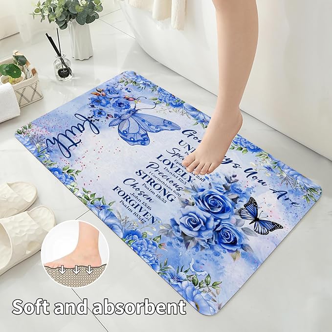 4 Pcs Blue Butterfly Inspirational Quotes Shower Curtain Set with Rugs, Toilet Lid Cover and Bath Mat, Bible Verse Floral Bathroom Decor Set Accessories, Colorful Boho Shower Curtain with 12 Hooks
