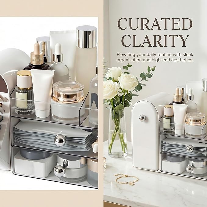 27 Slot Countertop Makeup Organizer with Brush Holder, 3-Tier Multifunctional Makeup Storage Organizer for Vanity, Fits Brushes & Large Cosmetics, Detachable & Easy to Clean