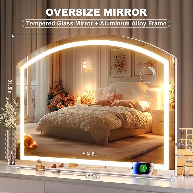 Hasipu 48" x32” Arch Vanity Mirror with LED Lights - Makeup Mirror with 10X Magnification, USB Charging Port & 3 Dimmable Color Modes