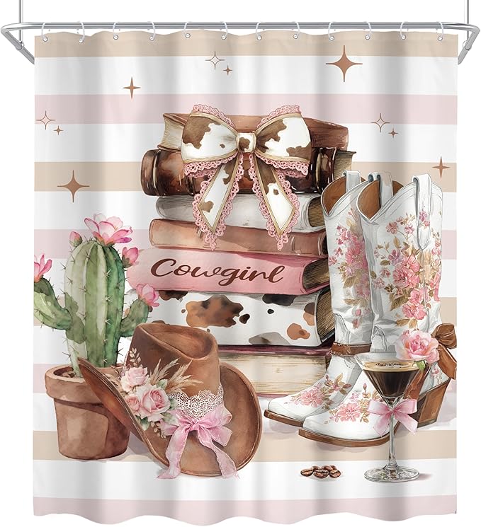 Cinbloo 4Pcs Brown Pink Shower Curtain Set,Western Cowgirl Fashion Boots Cactus Striped Hats Floral Books Bathroom Curtain with Rug, Toilet Lid Cover, Bath Mat,Women Girls Shower Curtain with 12 Hooks