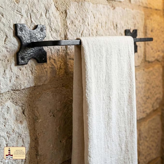 Mystic Colonial Cast Iron Towel Bar � 20 Inch Hand-Forged Rustic Wall Mounted Metal Rack for Bathroom, Kitchen, or Entryway � Vintage Black Heavy-Duty Towel Holder