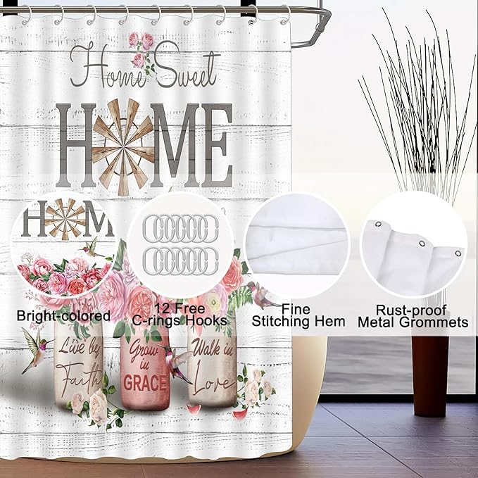 ALEXEX 4 PCS Red Rose Peony Shower Curtain Sets,Home Sweet Bathroom Set with Shower Curtain and Rugs and Accessories,Farmhouse Country Shower Curtain Bathroom Decor with 12 Hooks,72 X 72 Inches