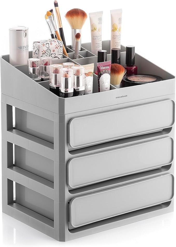InnovaGoods® Makeup Organizer with 3 Drawers, 9 Compartments, Removable Tray, Bathroom or Bedroom Storage for Lipsticks, Palettes, Creams, Makeup Display Set, Grey
