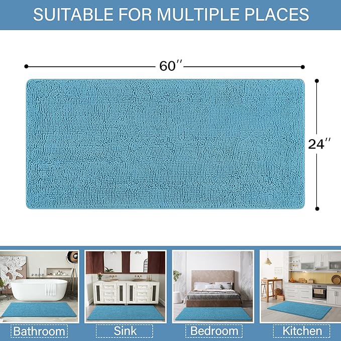 LOCHAS Luxury Bathroom Rug Shaggy Bath Mat 24 x 60 Inch, Washable Non Slip Bath Rugs for Bathroom Shower, Soft Plush Chenille Absorbent Carpets Mats, Light Blue