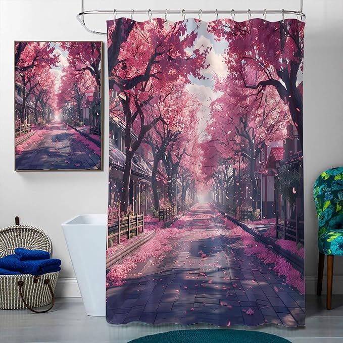 Cherry Blossoms Shower Curtain Set with Rugs,Toilet Lid Cover, Bath Mat, Japanese Anime Bathroom Shower Curtain with 12 Hooks Accessories Decorative
