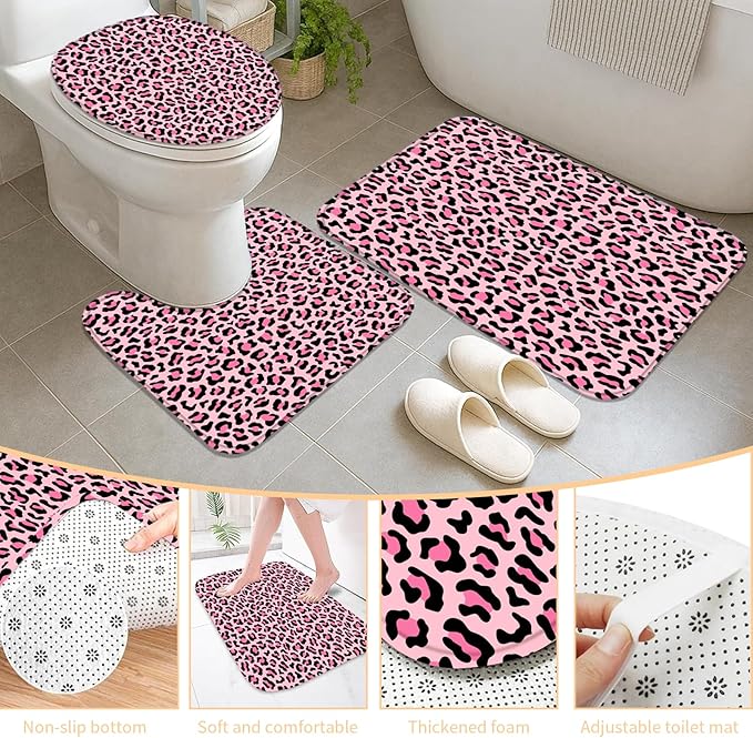 Onalasyc 5Pcs Pink Leopard Shower Curtain Set, Wall Painting Bathroom Sets with Shower Curtain and Rugs, Cheetah Print Bathroom Wall Art Decor Painting Shower Curtains Sets with Rugs