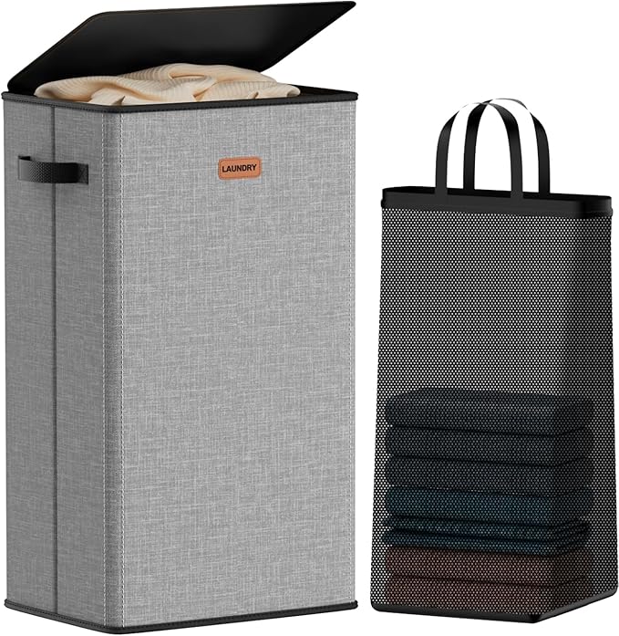 100L Laundry Hamper with Lid, Large Clothes Hampers with Removable Bag, Collapsible Laundry Basket for Bathroom, Bedroom, Laundry Room, Dorm, Grey