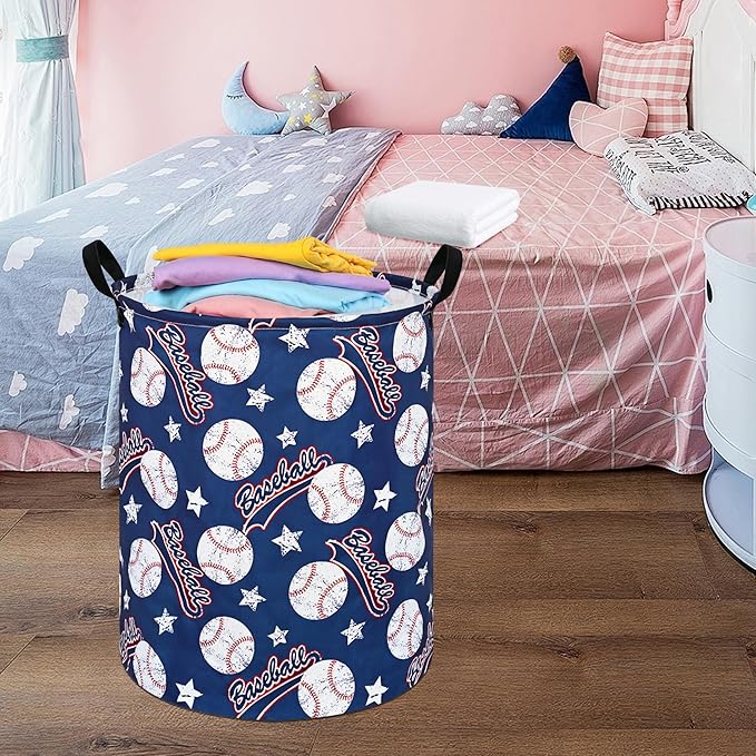 Round Baseball Pattern Laundry Hamper Clothes Storage Basket Fabric Storage Hamper Organization Storage Bin, Nursery Box,Gift Basket with Handles