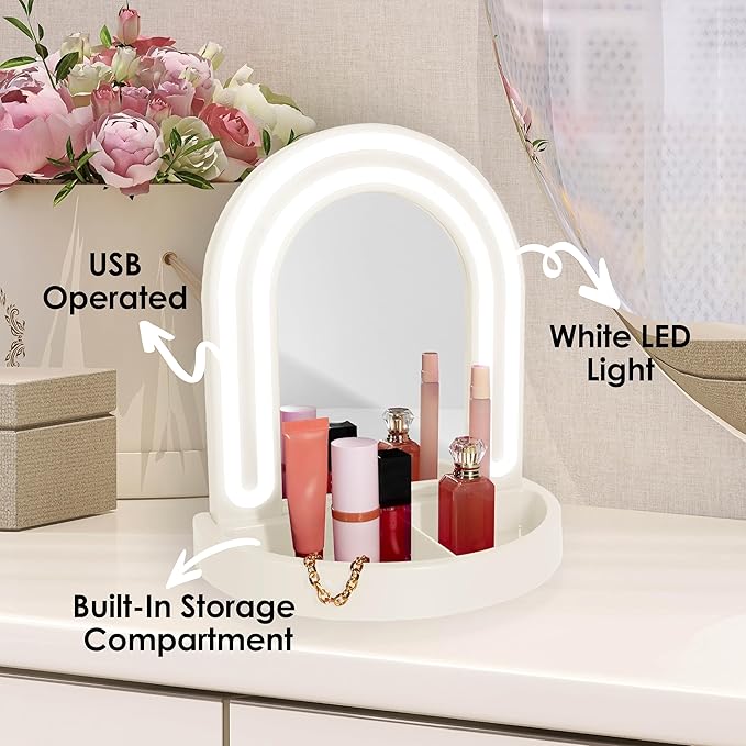 Glass Mirror with White LED, Wall Mirror for Bedroom, Living Room, or Hallway, USB Powered Lighted Mirror with Detachable Base, Body Mirrors for Bedroom & Home Décor, Ivory