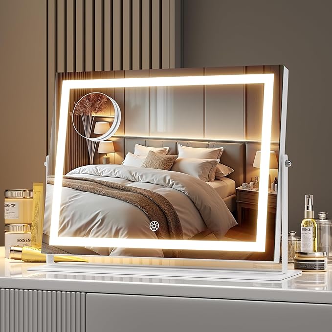 MINISO Vanity Mirror with Lights-13.8" x 10.6" LED Makeup Mirror, 3 Color Modes Touch Control and Brightness Adjustment Lighting Mirror, 10X Magnifying Glass, 360° Rotation