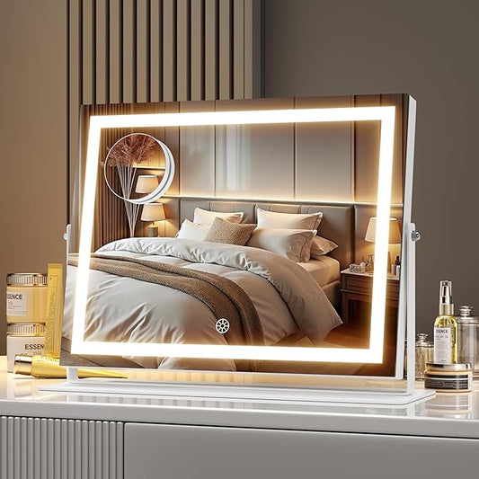 MINISO Vanity Mirror with Lights-13.8" x 10.6" LED Makeup Mirror, 3 Color Modes Touch Control and Brightness Adjustment Lighting Mirror, 10X Magnifying Glass, 360° Rotation