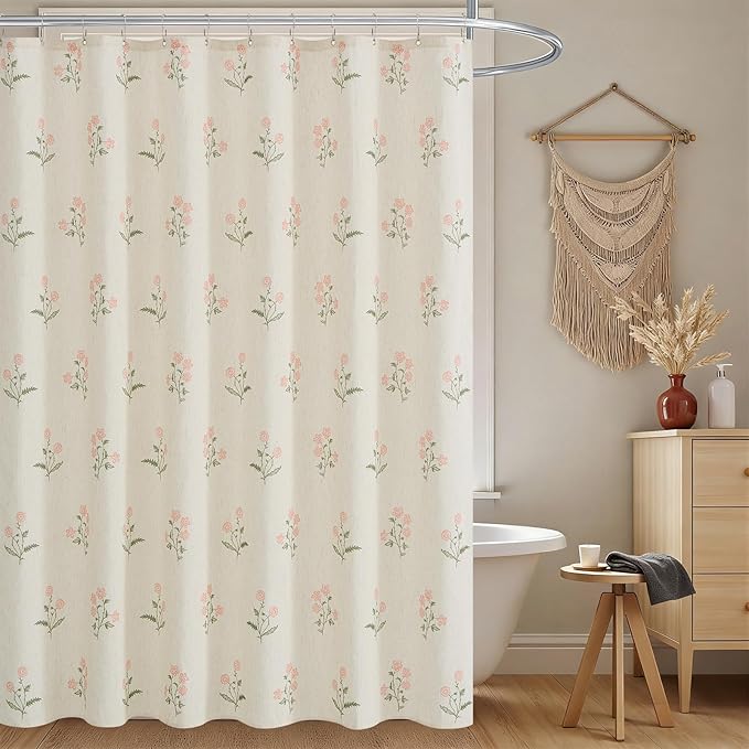 ORTIGIA Linen Shower Curtain Farmhouse Vintage Pink Green Floral Shower Curtains Boho Rustic Block Print Cottagecore Decor for Bathroom 72 W x 72 L
