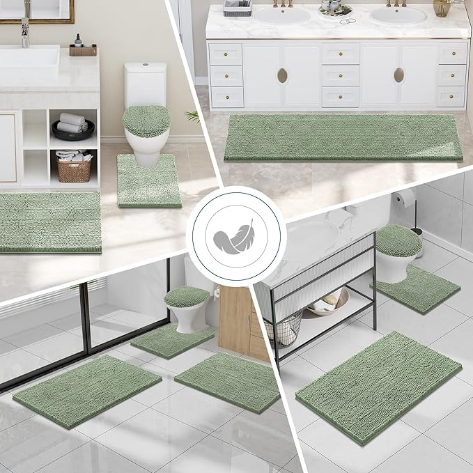 Smiry Luxury Chenille Bathroom Rugs 45x27, Extra Soft and Absorbent Shaggy Bath Mat, Machine Washable, Non-Slip Plush Carpet Runner for Tub, Shower, and Floor, Home Decor Accessories, Sage Green