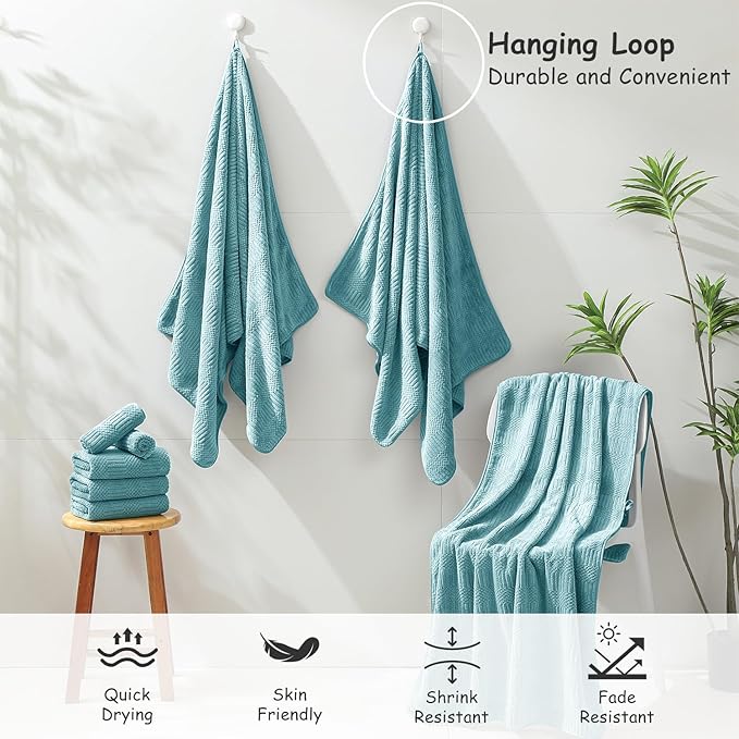 18 Pcs Turquoise Woven Family Towels Set-6 Bath Sheets,6 Hand Towels,6 Washcloths Soft Polyester Towels Absorbent Shower Towel Quick Dry Beach Chair Towel Lint Less Towels Set for Bathroom Spa Gym