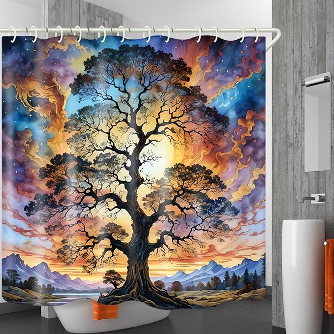 Shower Curtains Life Tree Theme, Colorful Bright Sky Brings A Unique Artistic Atmosphere to The Bathroom, 72x72 Inch Fabric Shower Curtain with 12 Hooks.