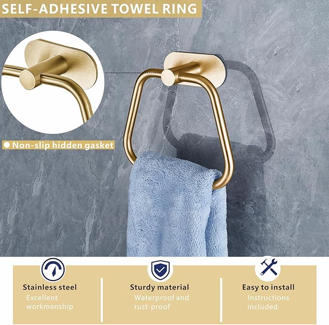 Self-Adhesive Towel Ring, Bathroom Hardware Accessories, 304 Stainless Steel Hand Towel Holder for Bathroom and Kitchen, Ladder Towel Hook, No Drill Installation Wall Mount (Gold)