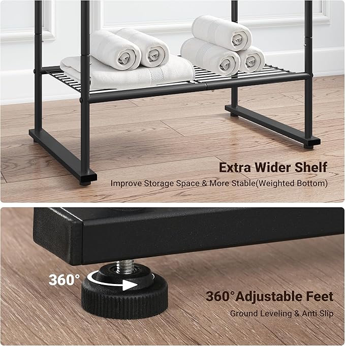 ELYKEN 40'' Tall Standing Towel Racks, 3 Tier Towel Drying Rack Outdoor, Pool Towel Stand Blanket Holder with Shelf & 4 Removable Hooks, Metal Freestanding Towel Racks for Bathroom, Matte Black