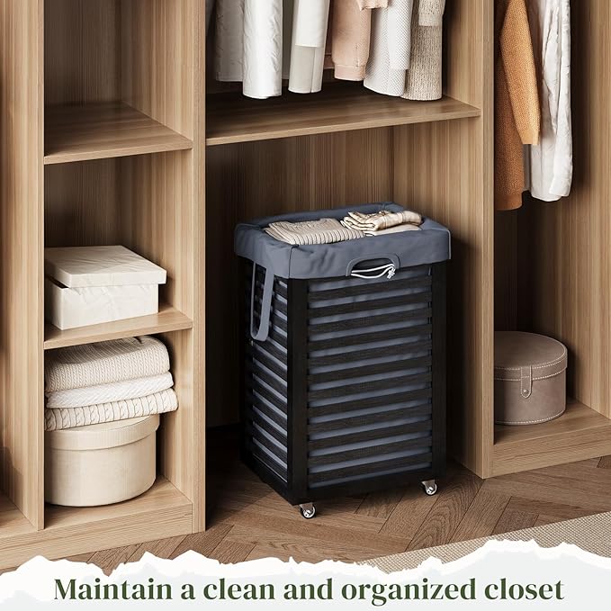 Laundry Hamper with Wheels, Laundry Basket with Liner, 85L Large bamboo Laundry Clothes Laundry Hamper, Liner with Handles, Dirty Clothes Storage Cart For Laundry Room, Dorm, Bedroom, Bathroom (Black)