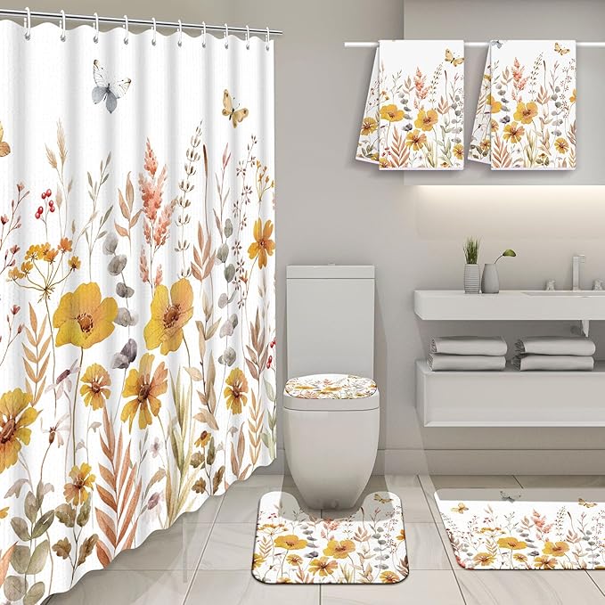 Nuanchu 6 Pcs Thanksgiving Shower Curtain Set with Rug Bathroom Sets with Shower Curtain Bath Mat U Shaped Mat Toilet Lid Cover 2 Bath Towels and 12 Hooks Fall Floral Bathroom Decor