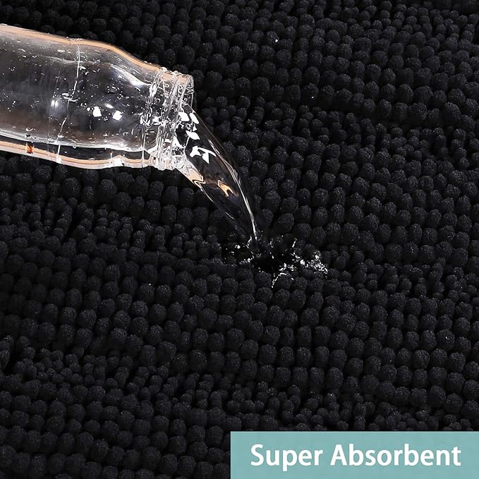 Turquoize Non Slip Black Bathroom Rug Extra Long Chenille Bath Rug 47x17 Super Water Absorbent & Soft Washable Shaggy Bath Rug for Bathroom, Black