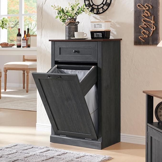 IFBUY Tilt Out Laundry Hamper Cabinet, 10 Gallon Farmhouse Trash Can Cabinet with Drawer, Hidden Wood Garbage Can Bin Cabinet with Laundry Storage Basket for Bathroom, Kitchen, Dark Grey