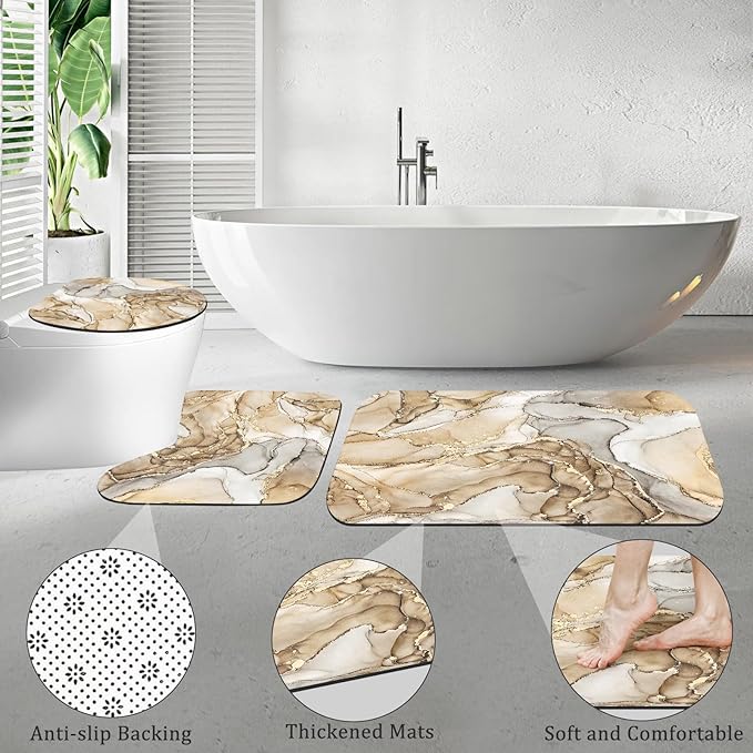 4PCS Beige Marble Bathroom Sets with Shower Curtain and Rugs, Abstract Shower Curtain Sets with Rugs for Bathroom Decor, Bathroom Curtains Shower Set with Toilet Lid Cover Accessories
