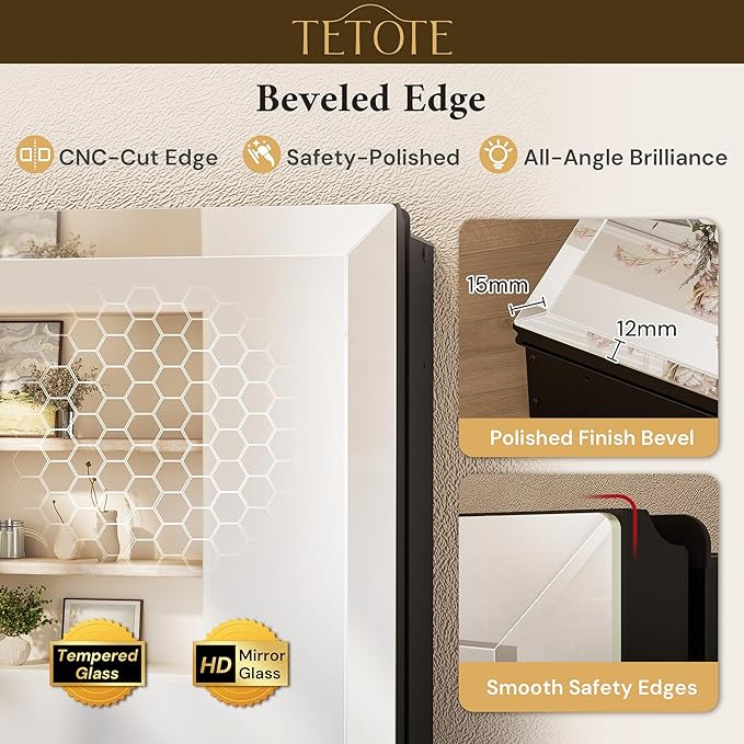 TETOTE 20 x 26 Bathroom Vanity Mirror Cabinet with Tempered Beveled Mirror Black Medicine Cabinet Aluminum Cabinet DTC Hinges, Stepless Adjustable Shelves, Recessed/Surface-Mounted