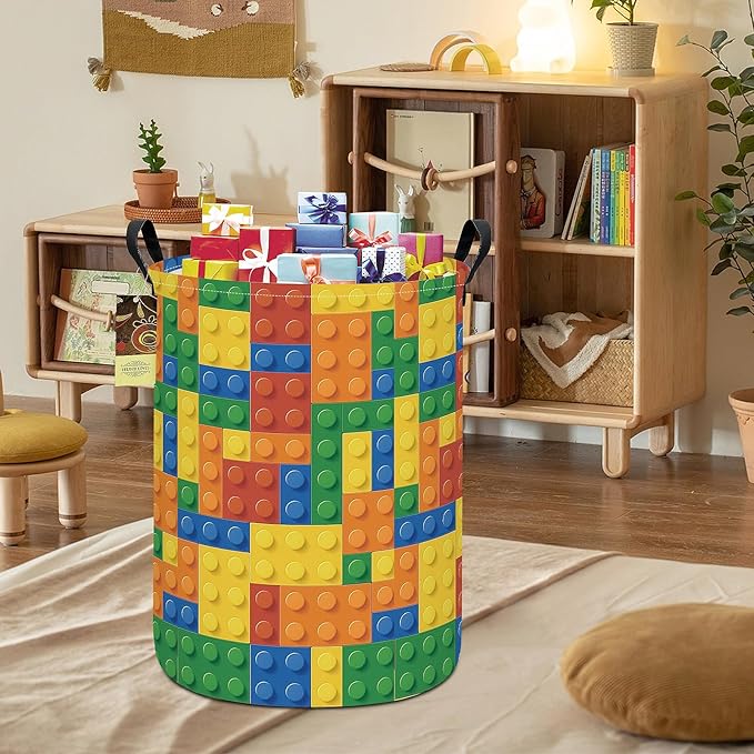 HUNRUNG Laundry Hamper,Large Canvas Fabric Lightweight Storage Basket Toy Organizer Dirty Clothes Collapsible Waterproof for College Dorms???Round-Colorful Blocks???