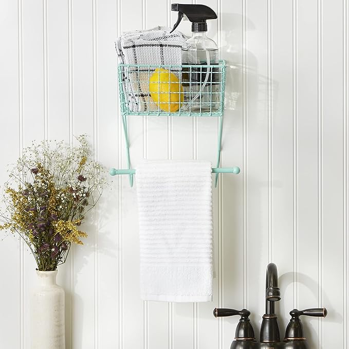 DII Rustic Farmhouse Bathroom Décor, Metal Storage, Small Towel Bar, Aqua