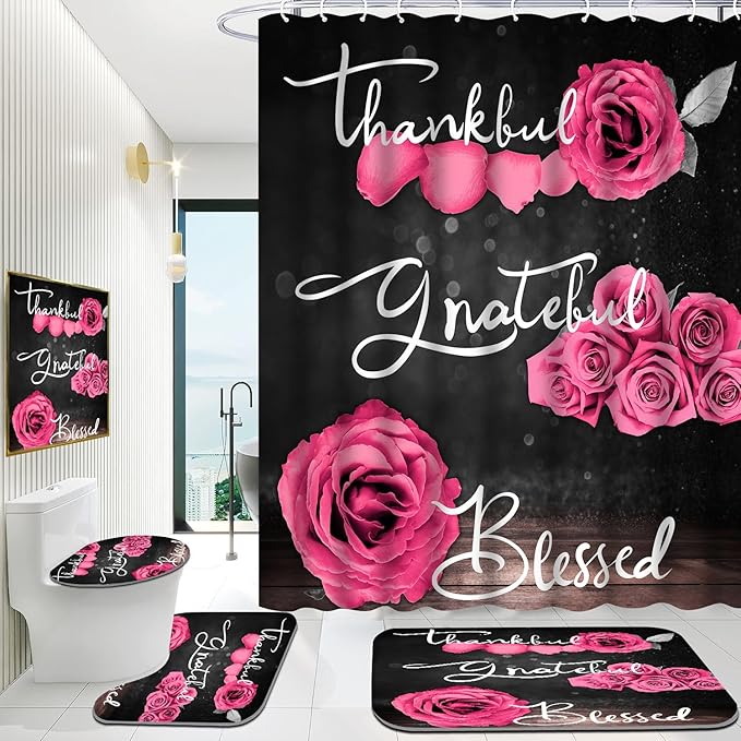Onalasyc 4Pcs Pink Rose Shower Curtain Set with Rugs Waterproof Bathroom Sets with Shower Curtain and Rugs Romantic Rose Floral, Thankful Grateful Blessed Bathroom Curtains Shower Set,with 12 Hooks