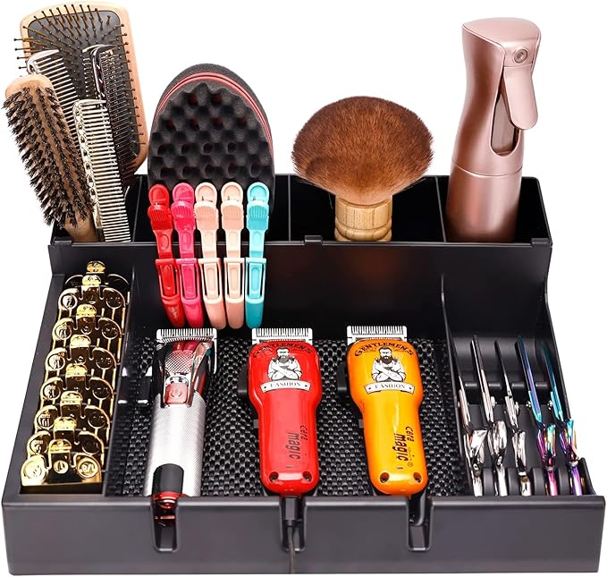 Barber Clipper Organizer Barber Tools Tray Salon Hairdressing Clipper Scissors Rack Holder Storag Scissors Holder Blade Rack Storage Tray for Clipper Guard Holder (Assemble)