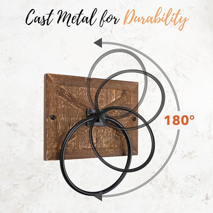 Autumn Alley Farmhouse Hand Towel Ring for Bathroom - Barn Wood Bath Towel Rings Holder - Towel Rings for Bathroom Wall Mounted Decor Mix of Wood, Galvanized Metal & Black Rings
