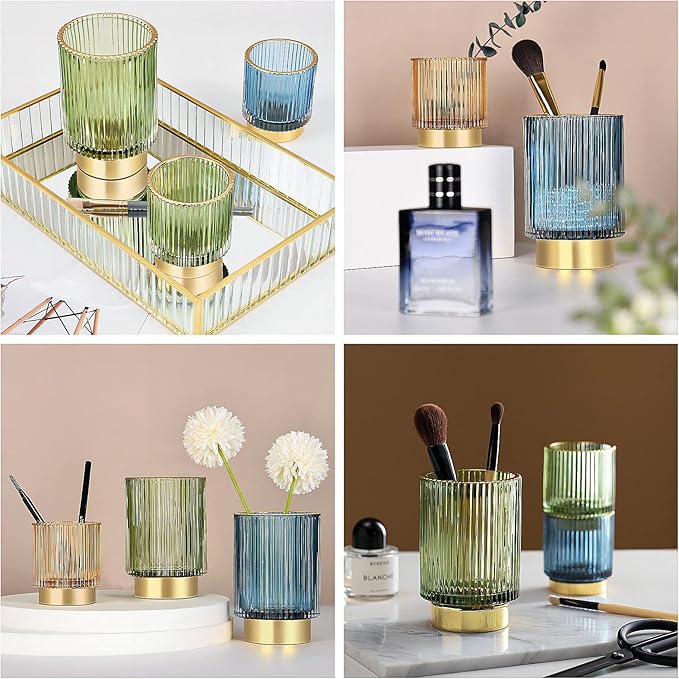 DASITON Makeup Brush holder Organizer,Crystal Cosmetic Makeup Brush Glass Brushes Storage Holder, Vintage Make Up Brush Cup Pen Pencil Holder striped vase(Coffee S＋L)