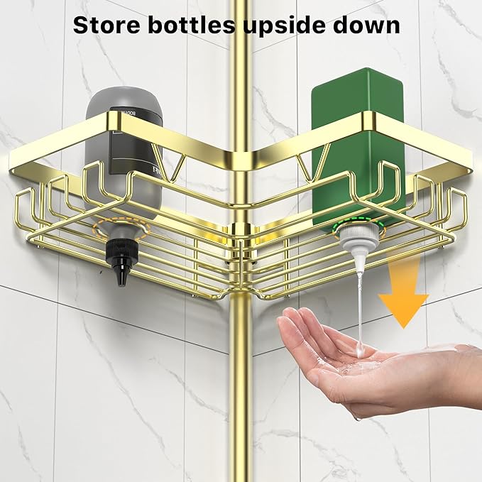 DAOYA Shower Caddy Tension Pole - Gold Corner Shower Caddy Stainless Steel Bathroom Shower Organizer for Tub Tension Rod Corner Shower Shelves(22-114.2inch)